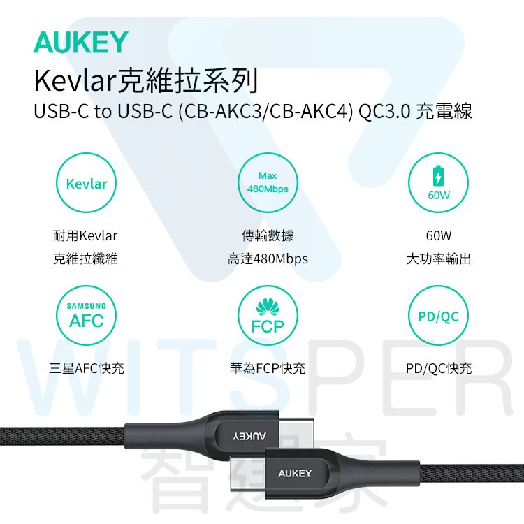 AUKEY Kevlar (CB-AKC3/CB-AKC4) Type-C to Type-C 充電線｜智選家